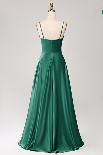 Dark Green A Line Cowl Neck Satin Long Ball Dress with Pleated